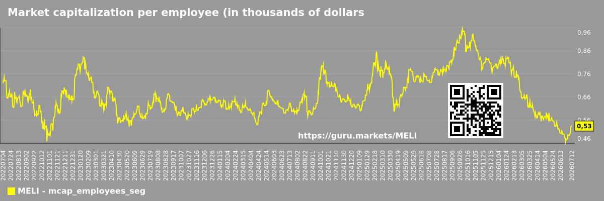 Market capitalization per employee (in thousands of dollars) by market segment - MELI